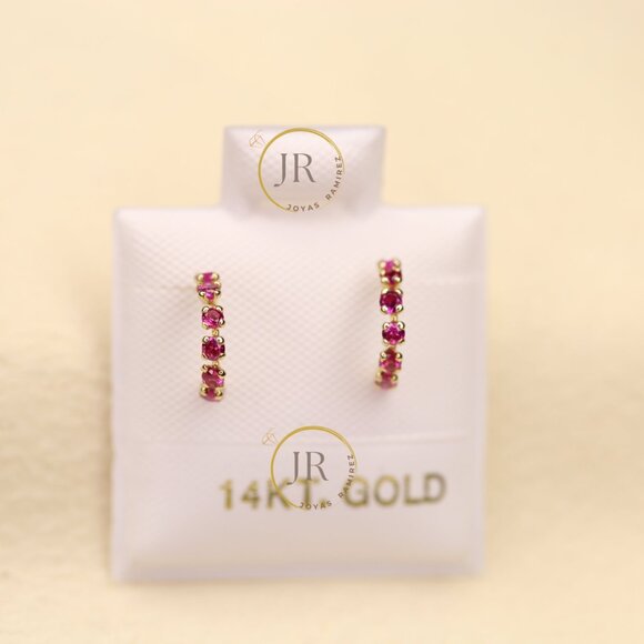 14K Solid Yellow Gold Huggies Hoops ·CZ in Pink, Multicolor, Red, Black and Blue - Picture 8 of 15